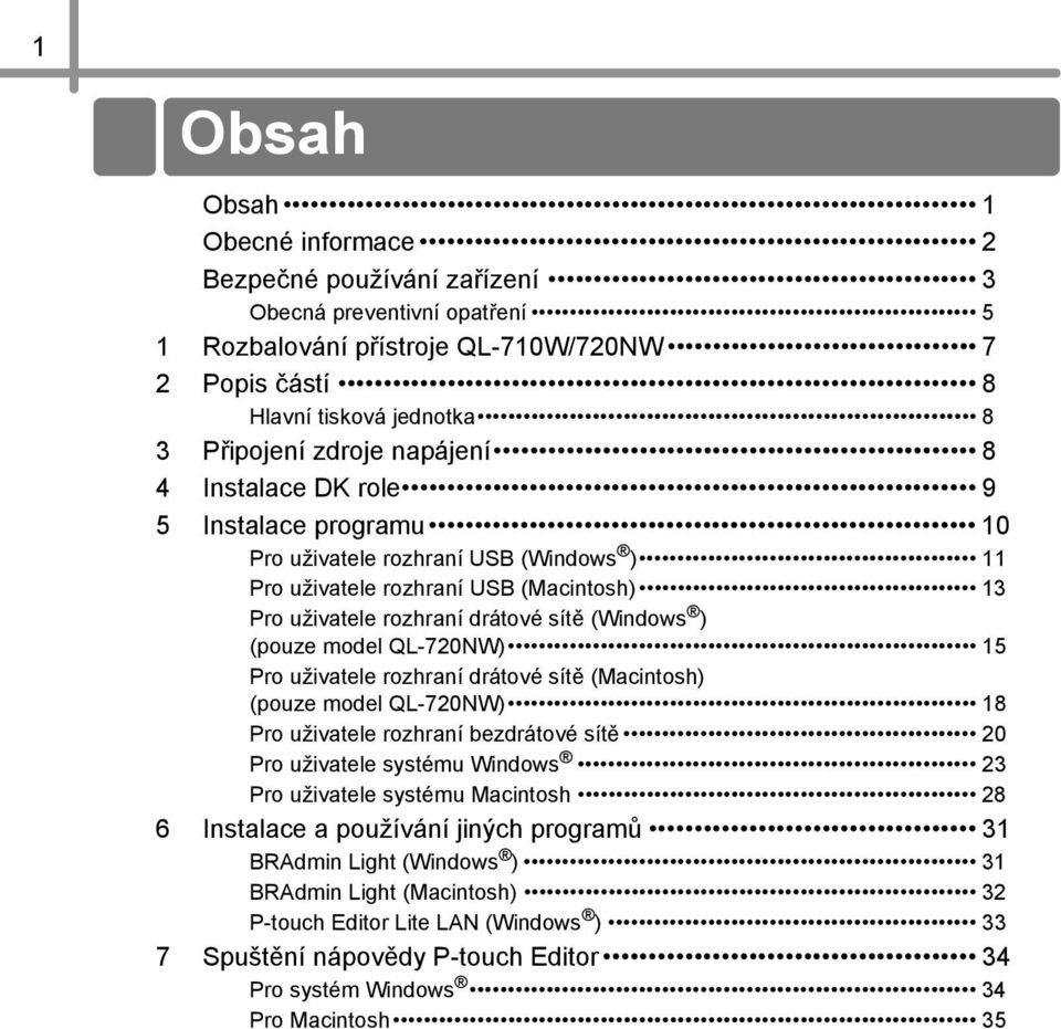 QL-720NW) 15 Pro uživatele rozhraní drátové sítě (Macintosh) (pouze model QL-720NW) 18 Pro uživatele rozhraní bezdrátové sítě 20 Pro uživatele systému Windows 23 Pro uživatele systému Macintosh 28 6