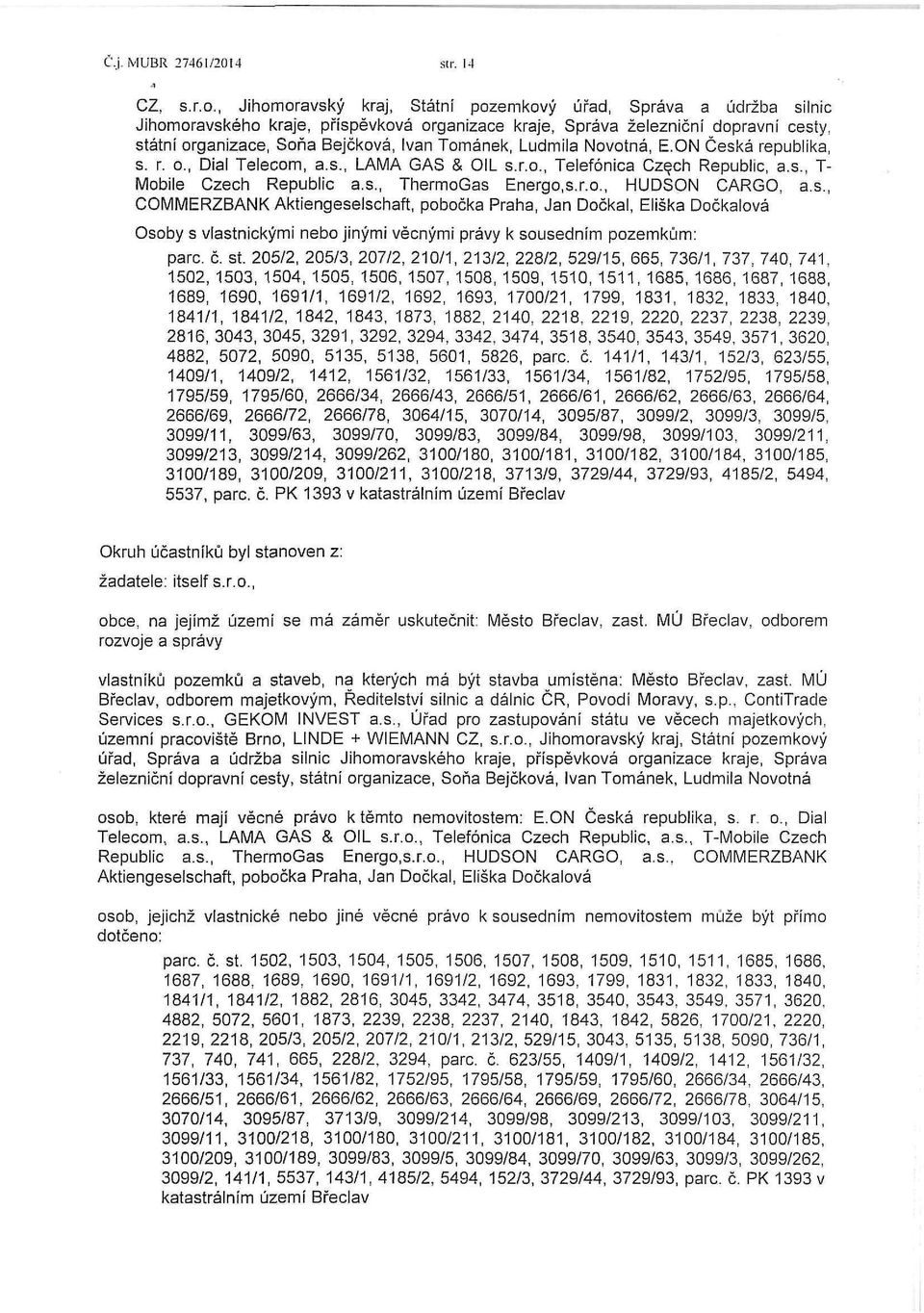 Tománek, Ludmila Novotná, E.ON Česká republika, s. r. o., Dial Telecom, a.s., LAMA GAS & OIL s.r.o., Telefonica Czech Republic, a.s., T- Mobile Czech Republic a.s., ThermoGas Energo.s.r.o., HUDSON CARGO, a.
