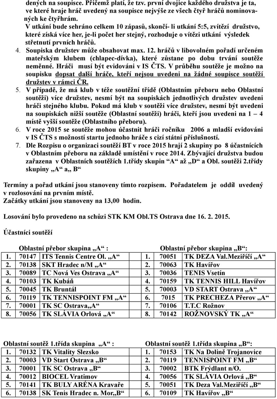 Soupiska družstev může obsahovat max. 12. hráčů v libovolném pořadí určeném mateřským klubem (chlapec-dívka), které zůstane po dobu trvání soutěže neměnné. Hráči musí být evidováni v IS ČTS.