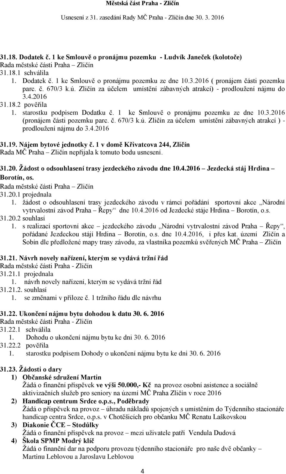 č. 670/3 k.ú. Zličín za účelem umístění zábavných atrakcí ) - prodloužení nájmu do 3.4.2016 31.19. Nájem bytové jednotky č.