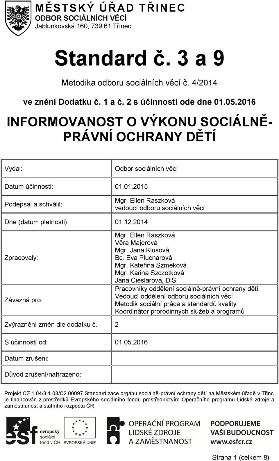 Ellen Raszková vedoucí odboru sociálních věcí Dne (datum platnosti): 01.12.2014 Zpracovaly: Závazná pro: Mgr. Ellen Raszková Věra Majerová Mgr. Jana Klusová Bc. Eva Plucnarová Mgr.