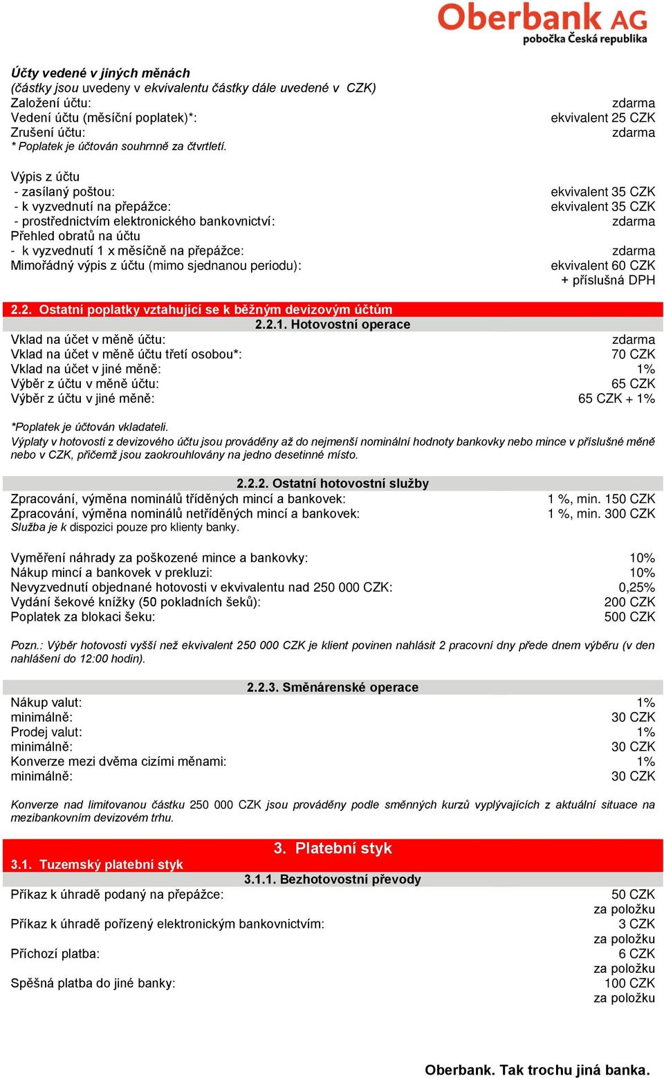 1 x měsíčně na přepážce: Mimořádný výpis z účtu (mimo sjednanou periodu): ekvivalent 60 CZK + příslušná DPH 2.2. Ostatní poplatky vztahující se k běžným devizovým účtům 2.2.1. Hotovostní operace