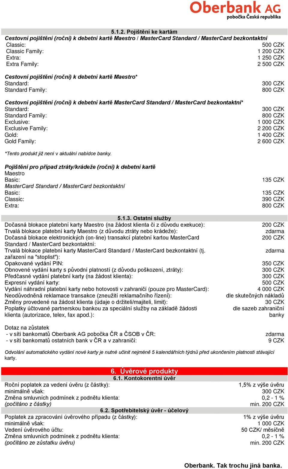 Cestovní pojištění (roční) k debetní kartě Maestro* Standard: Standard Family: Cestovní pojištění (roční) k debetní kartě MasterCard Standard / MasterCard bezkontaktní* Standard: Standard Family: