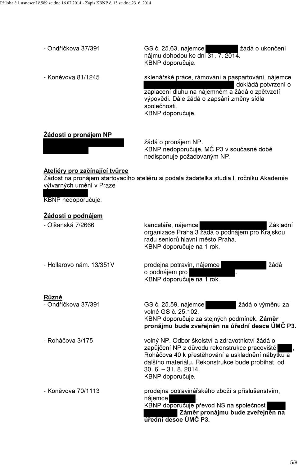 Žádosti o pronájem NP žádá o pronájem NP. KBNP nedoporučuje. MČ P3 v současné době nedisponuje požadovaným NP.