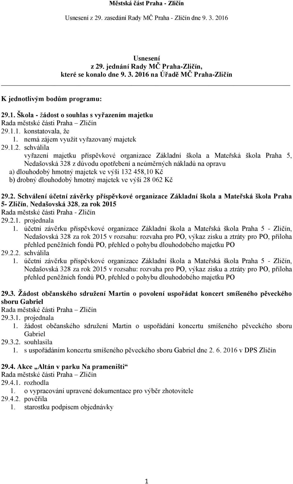 .1.2. schválila vyřazení majetku příspěvkové organizace Základní škola a Mateřská škola Praha 5, Nedašovská 328 z důvodu opotřebení a neúměrných nákladů na opravu a) dlouhodobý hmotný majetek ve výši