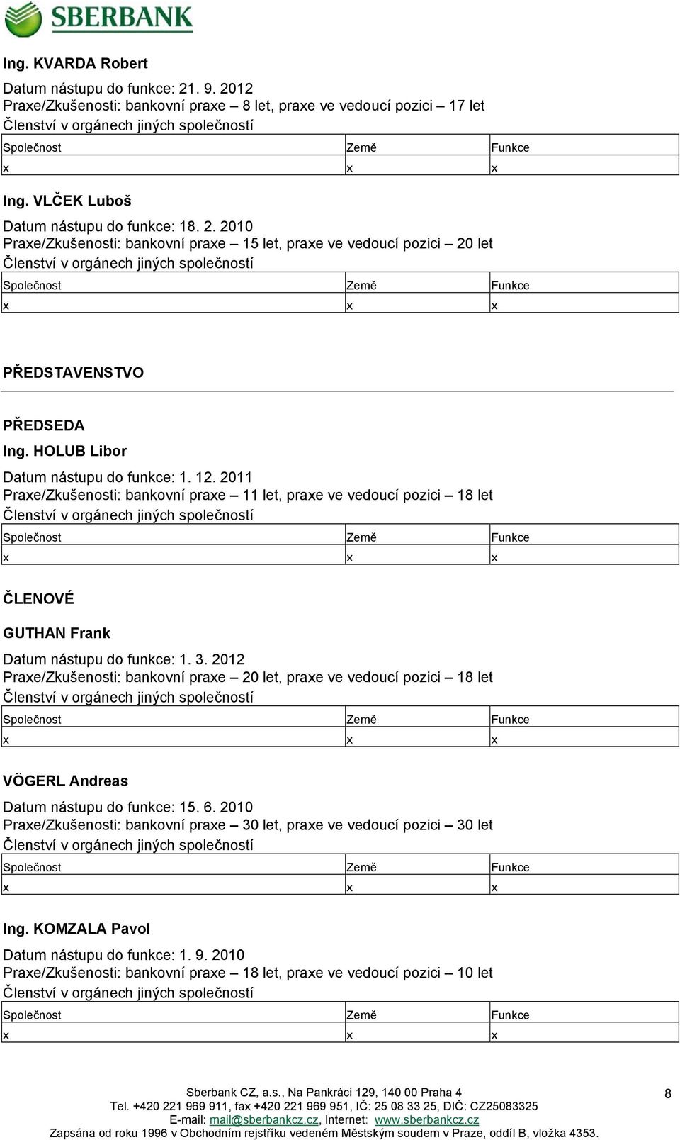 2010 Praxe/Zkušenosti: bankovní praxe 15 let, praxe ve vedoucí pozici 20 let Členství v orgánech jiných společností Společnost Země Funkce x x x PŘEDSTAVENSTVO PŘEDSEDA Ing.