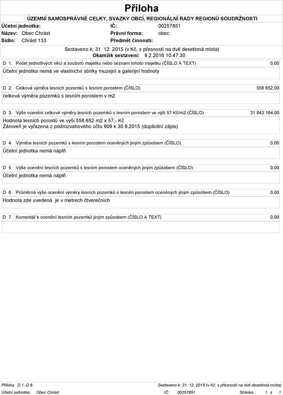 Výše ocenění celkové výměry lesních pozemků s lesním porostem ve výši 57 Kč/m2 (ČÍSLO) 31 843 164,00 Hodnota lesních porostů ve výši 558.