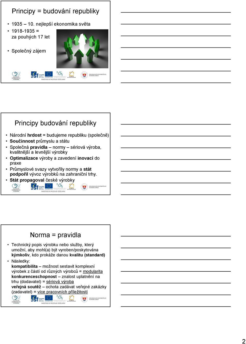 sériová výroba, kvalitnější a levnější výrobky Optimalizace výroby a zavedení inovací do praxe Průmyslové svazy vytvořily normy a stát podpořil vývoz výrobků na zahraniční trhy.