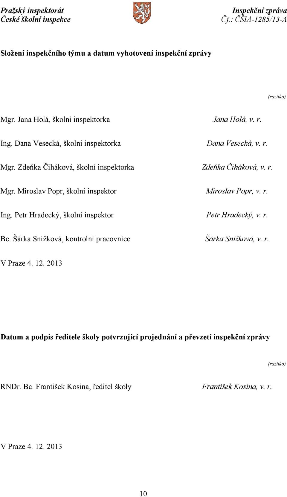 r. Ing. Petr Hradecký, školní inspektor Petr Hradecký, v. r. Bc. Šárka Snížková, kontrolní pracovnice Šárka Snížková, v. r. V Praze 4. 12.