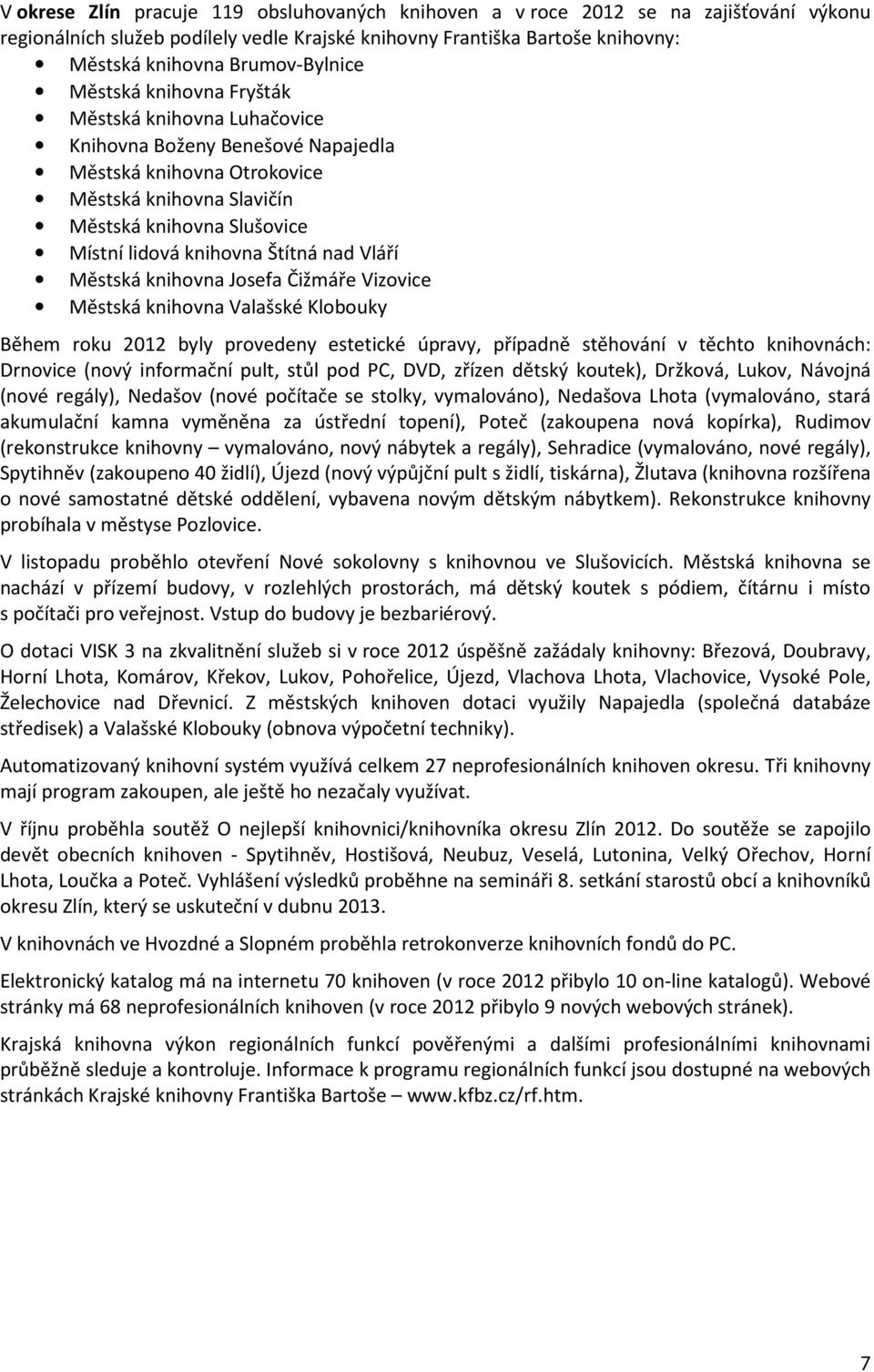 nad Vláří Městská knihovna Josefa Čižmáře Vizovice Městská knihovna Valašské Klobouky Během roku 2012 byly provedeny estetické úpravy, případně stěhování v těchto knihovnách: Drnovice (nový