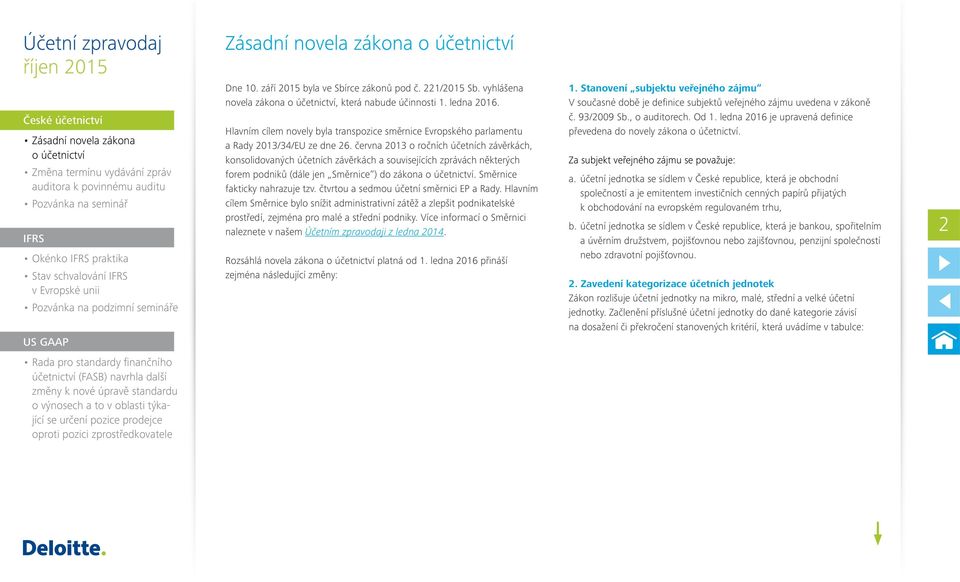 vyhlášena novela zákona o účetnictví, která nabude účinnosti 1. ledna 2016. Hlavním cílem novely byla transpozice směrnice Evropského parlamentu a Rady 2013/34/EU ze dne 26.