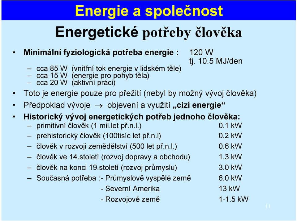 Předpoklad vývoje objevení a využití cizí energie Historický vývoj energetických potřeb jednoho člověka: primitivní člověk (1 mil.let př.n.l.) 0.