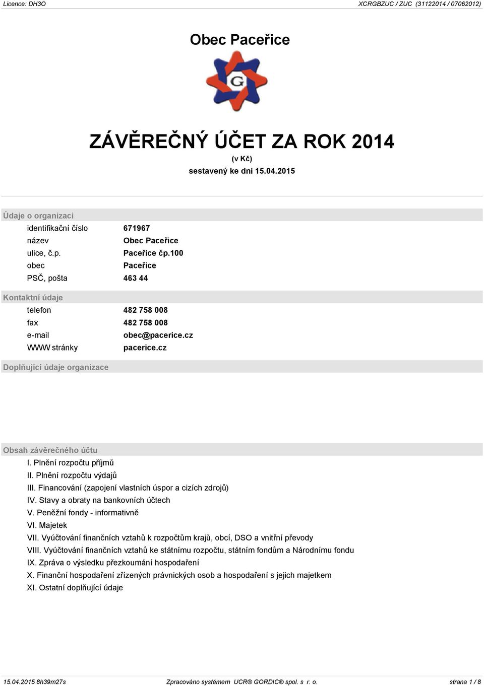 Plnění rozpočtu příjmů II. Plnění rozpočtu výdajů III. Financování (zapojení vlastních úspor a cizích zdrojů) IV. Stavy a obraty na bankovních účtech V. Peněžní fondy - informativně VI. Majetek VII.