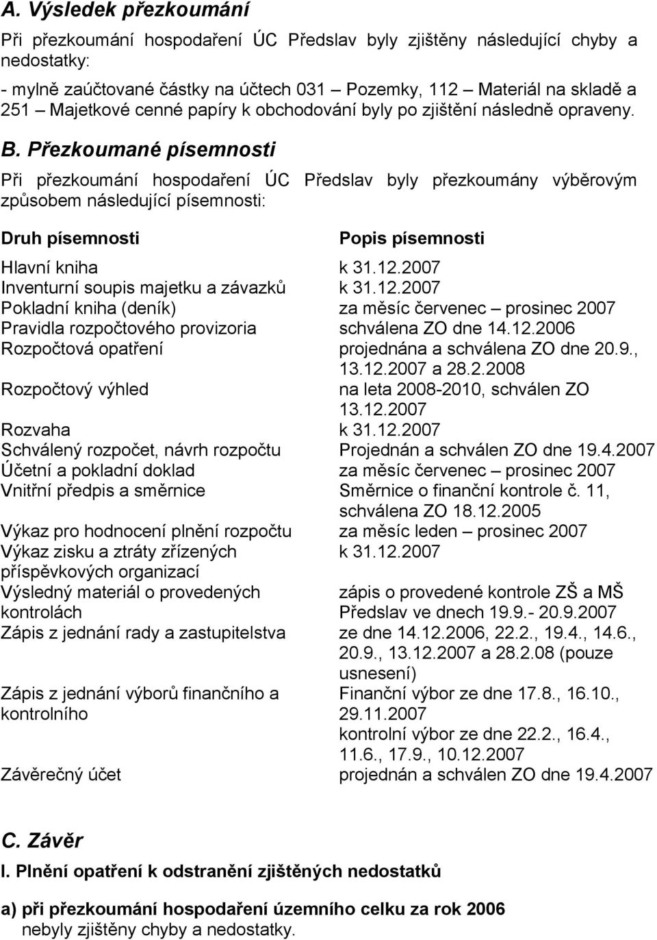 Přezkoumané písemnosti Při přezkoumání hospodaření ÚC Předslav byly přezkoumány výběrovým způsobem následující písemnosti: Druh písemnosti Popis písemnosti Hlavní kniha k 31.12.