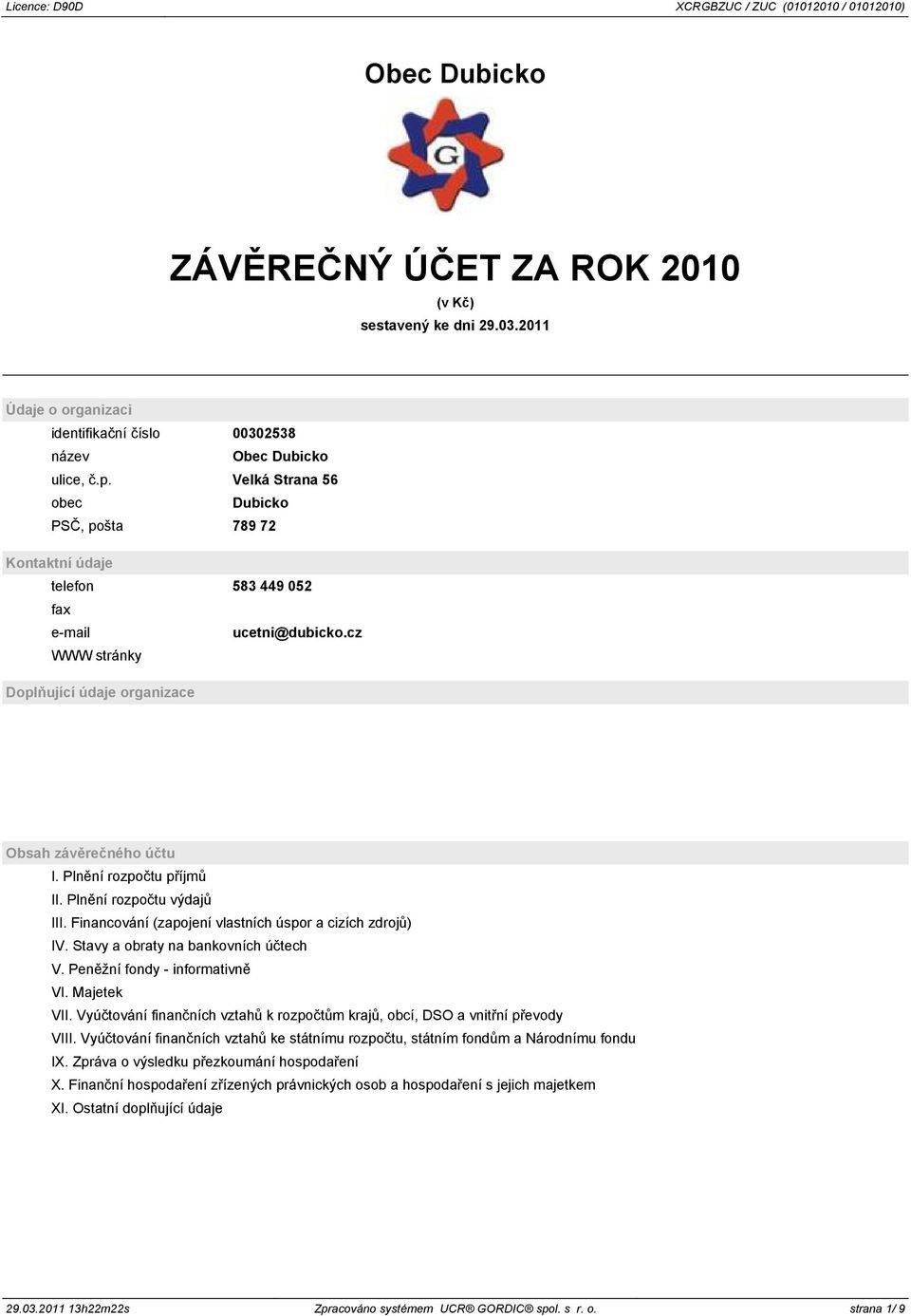 Plnění rozpočtu příjmů II. Plnění rozpočtu výdajů III. Financování (zapojení vlastních úspor a cizích zdrojů) IV. Stavy a obraty na bankovních účtech V. Peněžní fondy - informativně VI. Majetek VII.