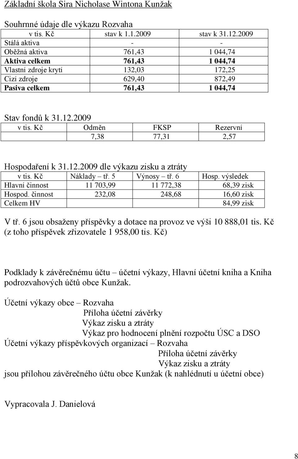 2009 v tis. Kč Odměn FKSP Rezervní 7,38 77,31 2,57 Hospodaření k 31.12.2009 dle výkazu zisku a ztráty v tis. Kč Náklady tř. 5 Výnosy tř. 6 Hosp.