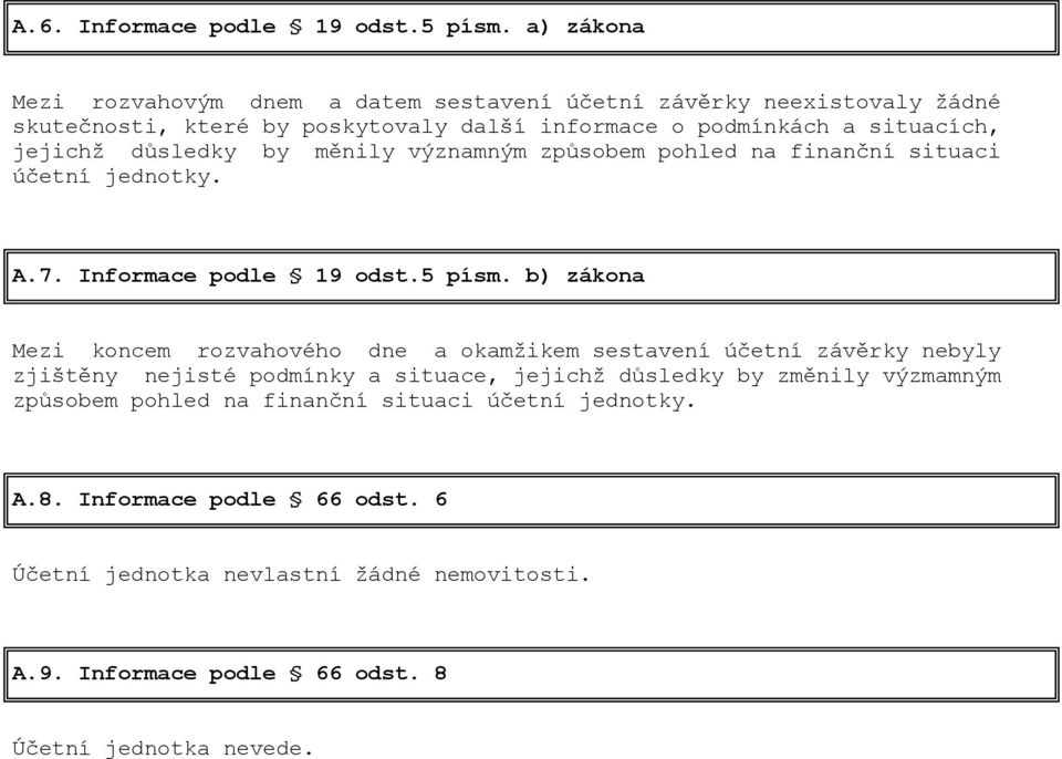 důsledky by měnily významným způsobem pohled na finanční situaci účetní jednotky. A.7. Informace podle 19 odst.5 písm.