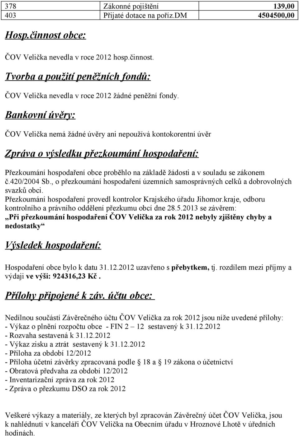 zákonem č.420/2004 Sb., o přezkoumání hospodaření územních samosprávných celků a dobrovolných svazků obci. Přezkoumání hospodaření provedl kontrolor Krajského úřadu Jihomor.