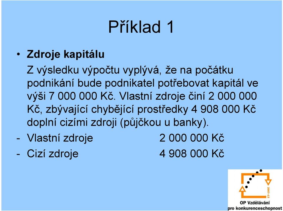 Vlastní zdroje činí 2 000 000 Kč, zbývající chybějící prostředky 4 908 000 Kč