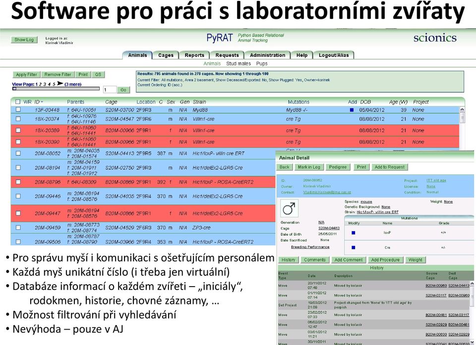 jen virtuální) Databáze informací o každém zvířeti iniciály, rodokmen,