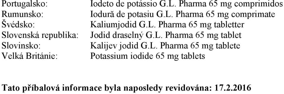 L. Pharma 65 mg tabletter Jodid draselný G.L. Pharma 65 mg tablet Kalijev jodid G.L. Pharma 65