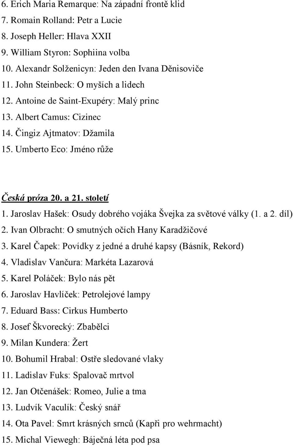 Jaroslav Hašek: Osudy dobrého vojáka Švejka za světové války (1. a 2. díl) 2. Ivan Olbracht: O smutných očích Hany Karadţičové 3. Karel Čapek: Povídky z jedné a druhé kapsy (Básník, Rekord) 4.