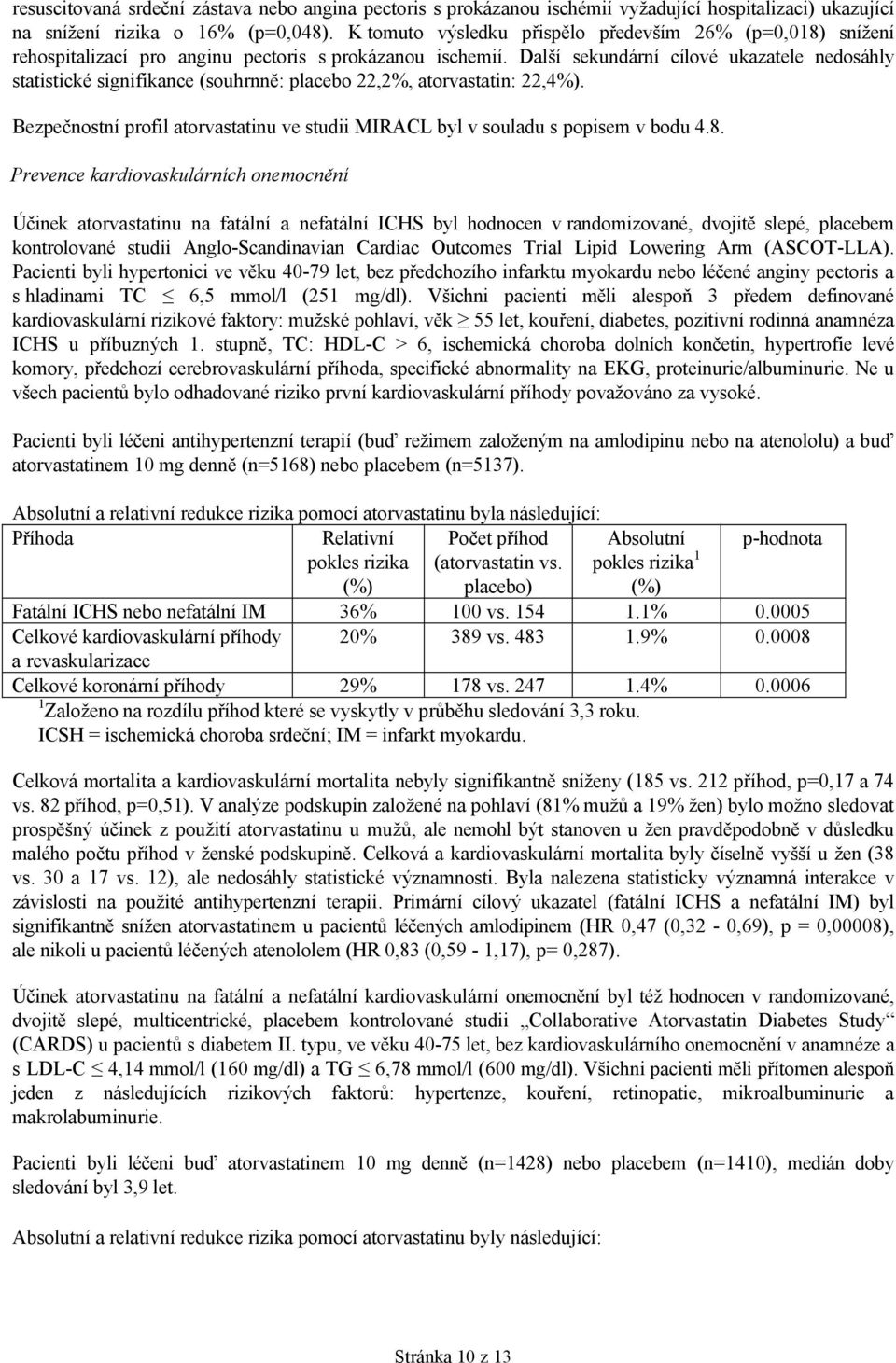 Další sekundární cílové ukazatele nedosáhly statistické signifikance (souhrnně: placebo 22,2%, atorvastatin: 22,4%).