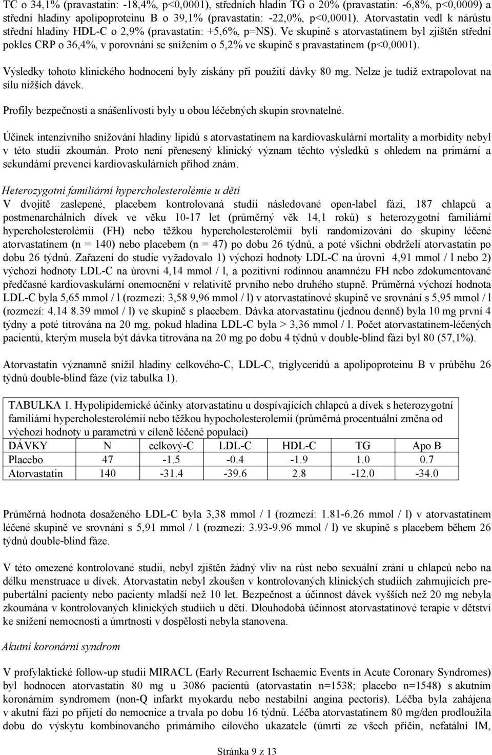 Ve skupině s atorvastatinem byl zjištěn střední pokles CRP o 36,4%, v porovnání se snížením o 5,2% ve skupině s pravastatinem (p<0,0001).