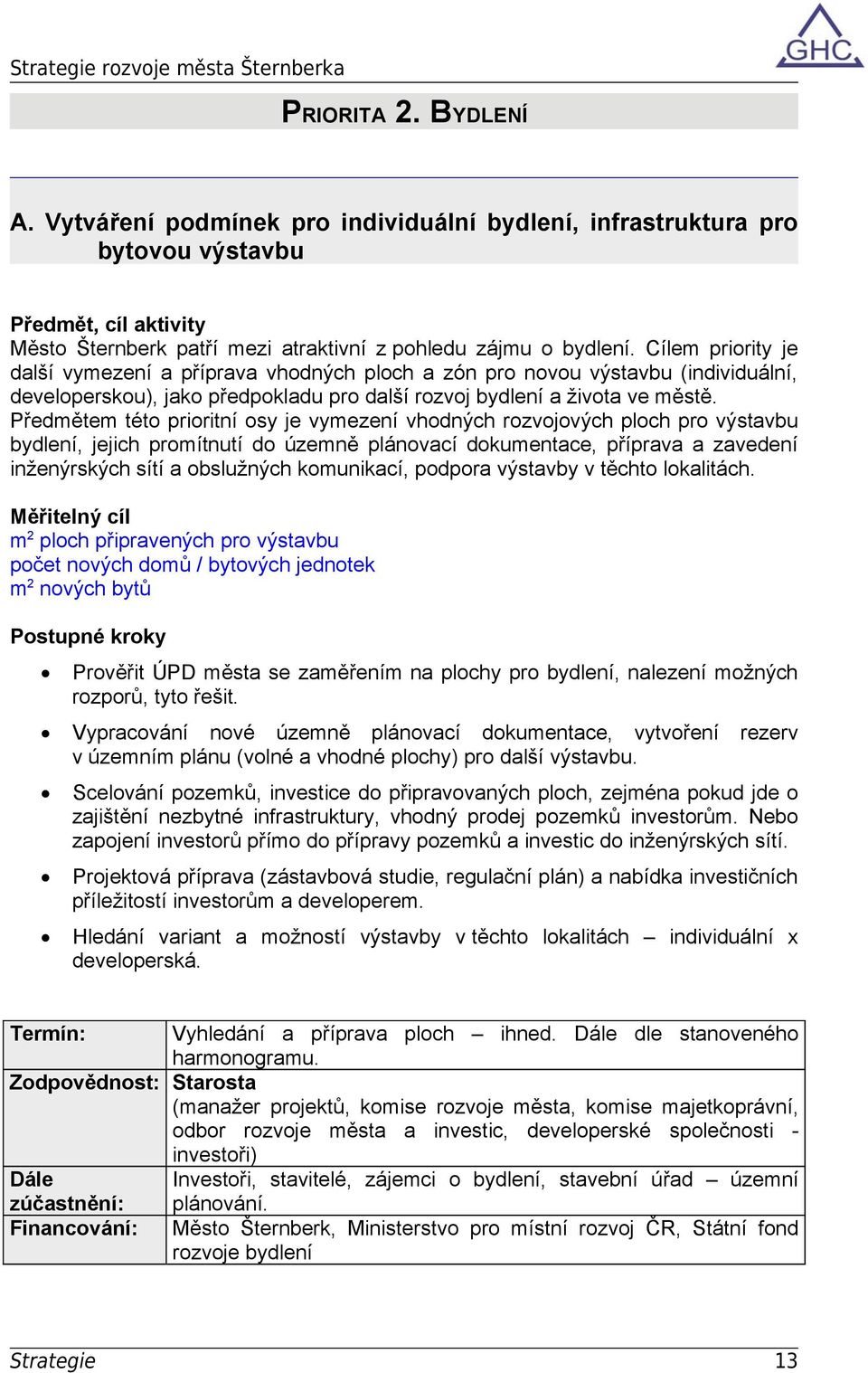 Předmětem této prioritní osy je vymezení vhodných rozvojových ploch pro výstavbu bydlení, jejich promítnutí do územně plánovací dokumentace, příprava a zavedení inženýrských sítí a obslužných