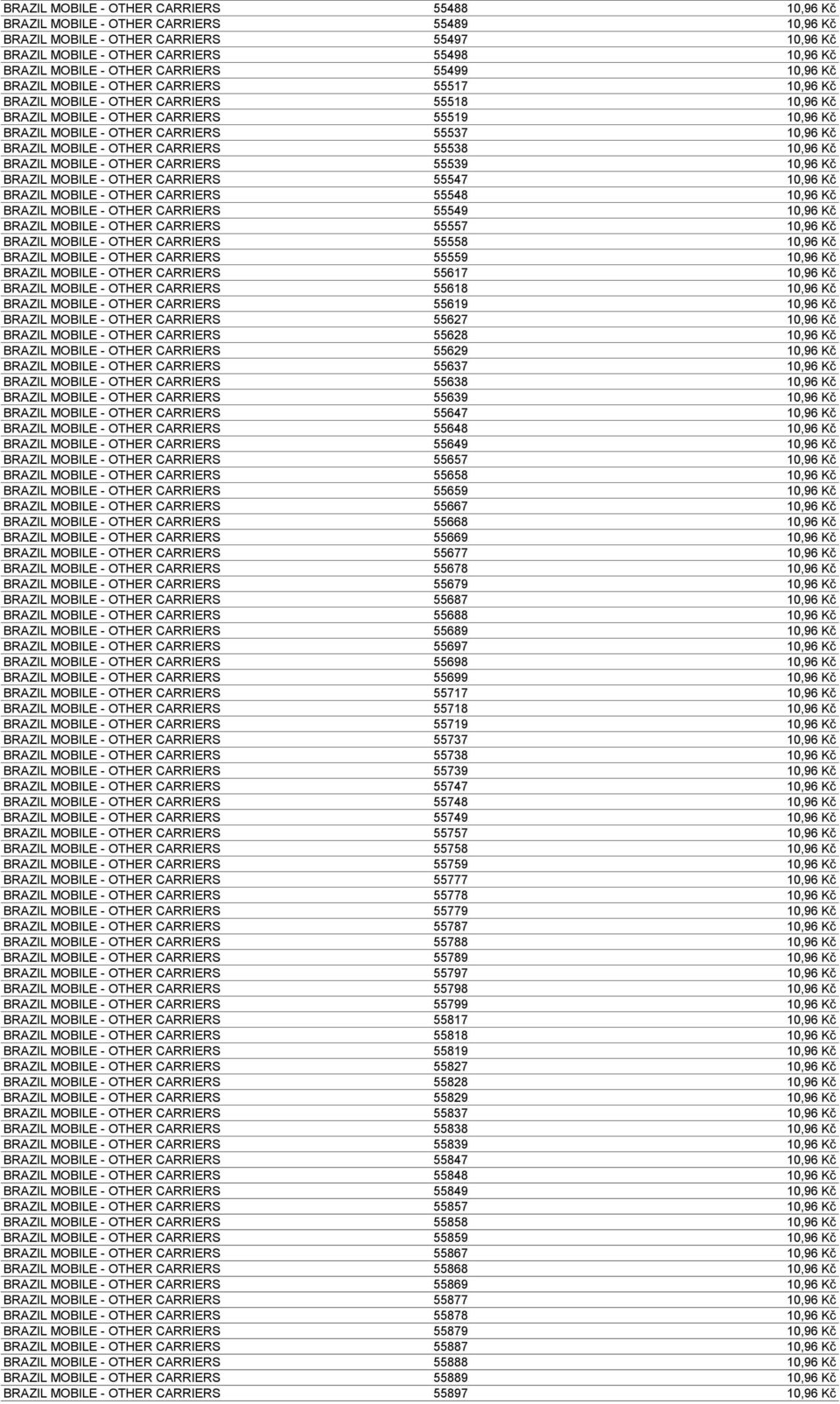 55537 10,96 Kč BRAZIL MOBILE - OTHER CARRIERS 55538 10,96 Kč BRAZIL MOBILE - OTHER CARRIERS 55539 10,96 Kč BRAZIL MOBILE - OTHER CARRIERS 55547 10,96 Kč BRAZIL MOBILE - OTHER CARRIERS 55548 10,96 Kč