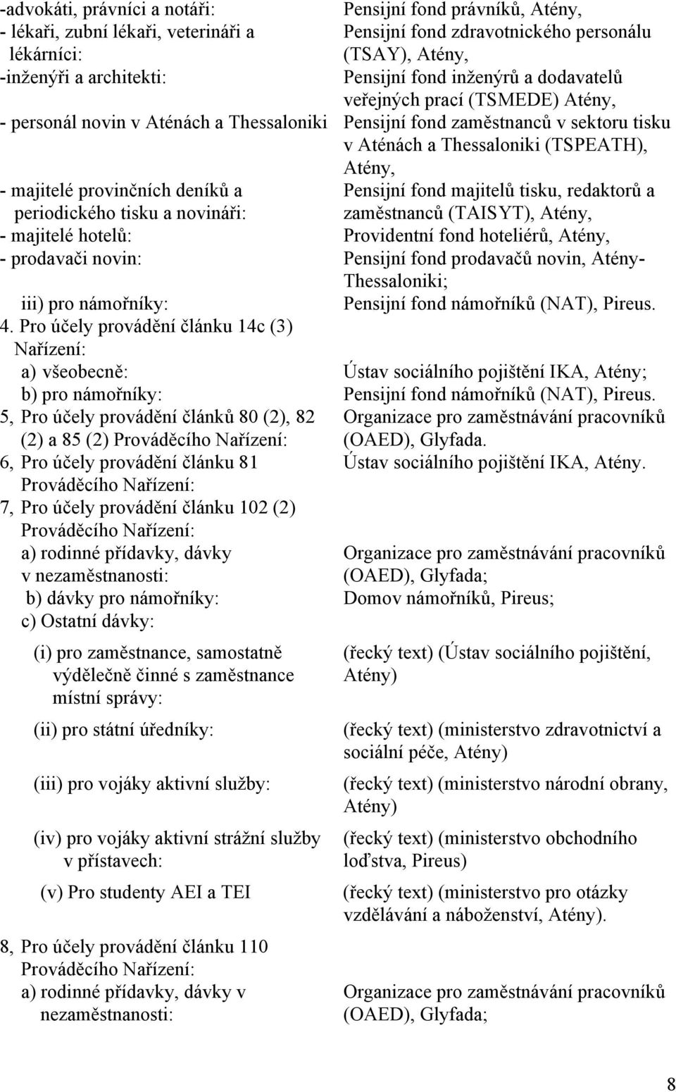 provinčních deníků a Pensijní fond majitelů tisku, redaktorů a periodického tisku a novináři: zaměstnanců (TAISYT), Atény, - majitelé hotelů: Providentní fond hoteliérů, Atény, - prodavači novin: