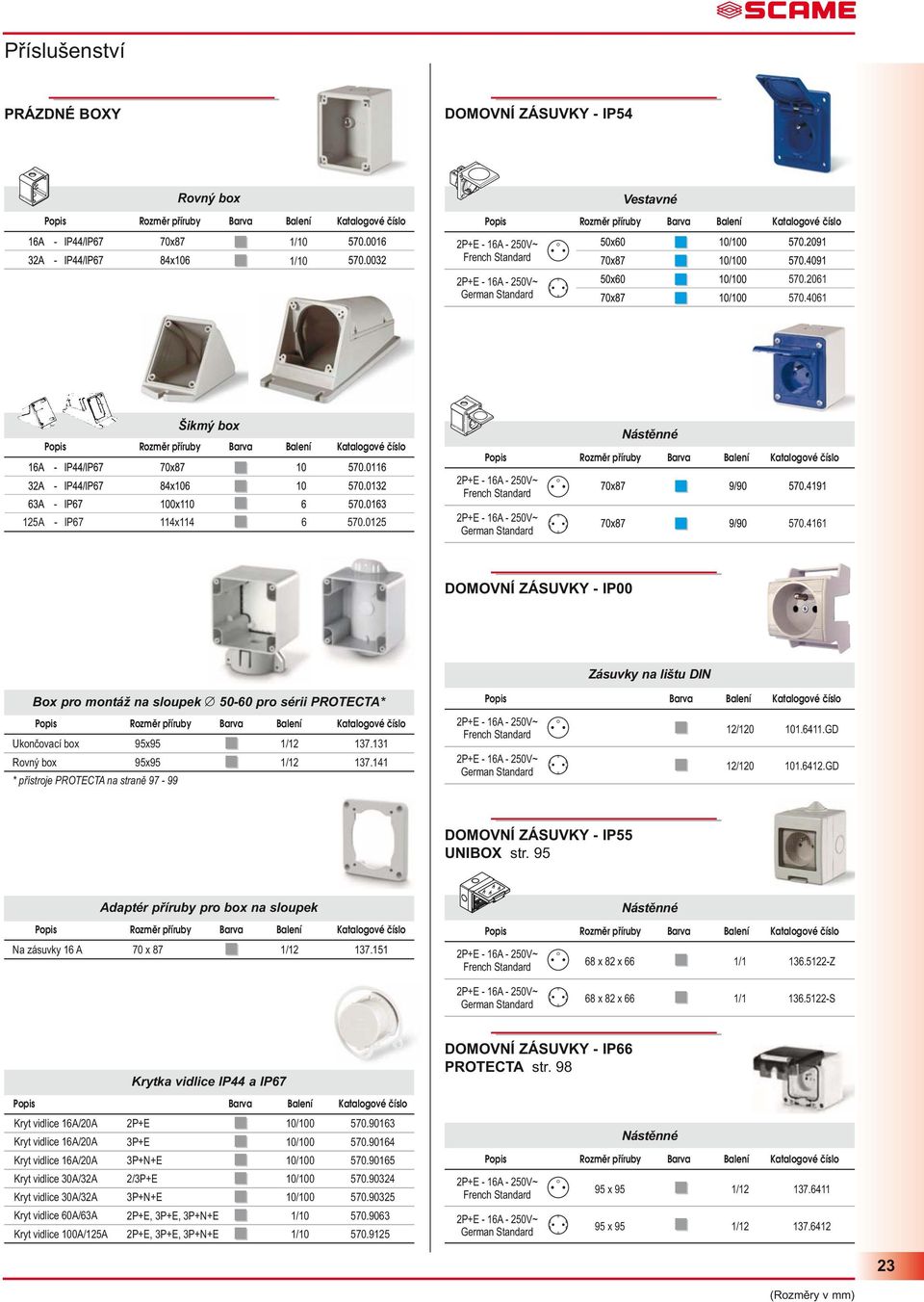 4161 DOMOVNÍ ZÁSUVKY - IP00 Zásuvky na lištu DIN Box pro montáž na sloupek 50-60 pro sérii PROTECTA* Ukončovací box Rovný box 95x95 95x95 2 2 137.131 137.