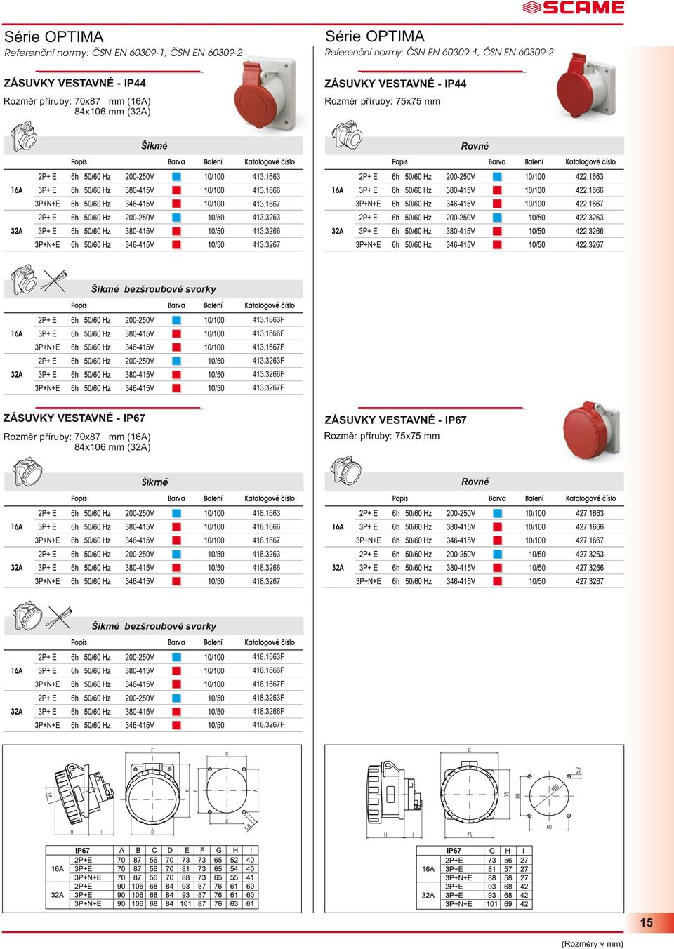 3267F ZÁSUVKY VESTAVNÉ - IP67 Rozměr příruby: 70x87 mm (16A) 84x106 mm (32A) ZÁSUVKY VESTAVNÉ - lp67 Rozměr příruby: 75x75 mm 418.