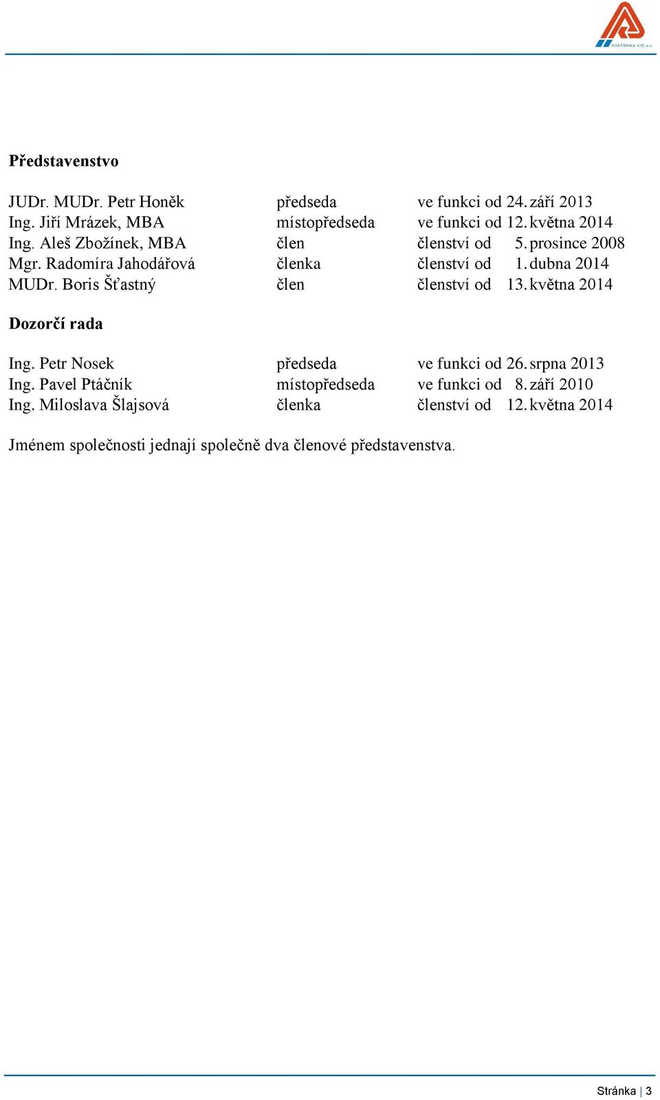 Boris Šťastný člen členství od 13. května 2014 Dozorčí rada Ing. Petr Nosek předseda ve funkci od 26. srpna 2013 Ing.