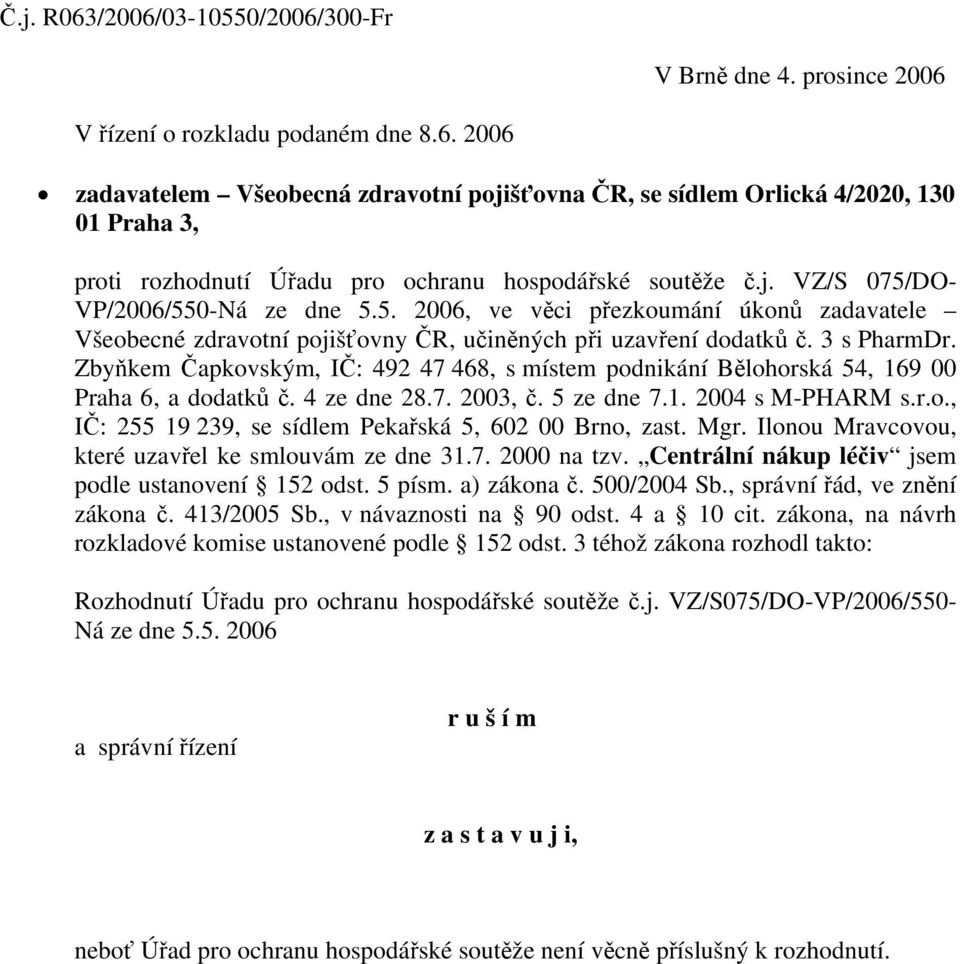 Zbyňkem Čapkovským, IČ: 492 47 468, s místem podnikání Bělohorská 54, 169 00 Praha 6, a dodatků č. 4 ze dne 28.7. 2003, č. 5 ze dne 7.1. 2004 s M-PHARM s.r.o., IČ: 255 19 239, se sídlem Pekařská 5, 602 00 Brno, zast.