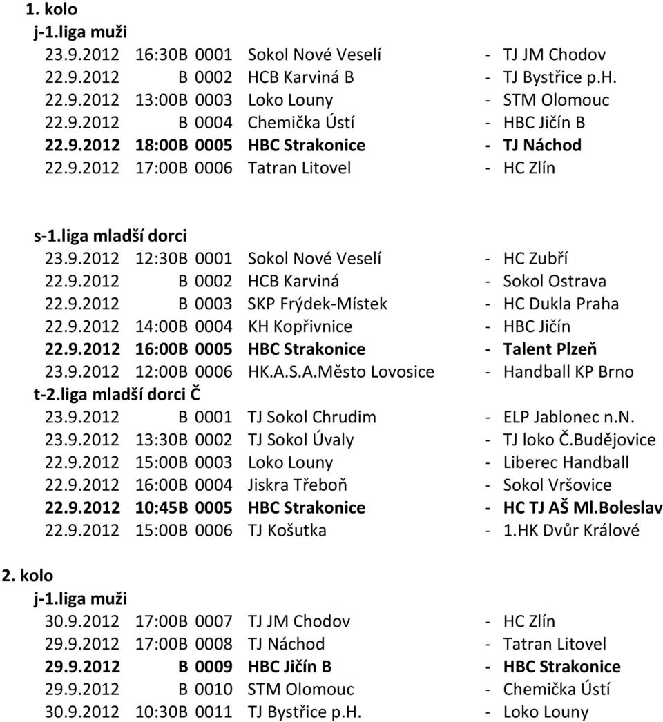 9.2012 14:00 B 0004 KH Kopřivnice - HBC Jičín 22.9.2012 16:00 B 0005 HBC Strakonice - Talent Plzeň 23.9.2012 12:00 B 0006 HK.A.S.A.Město Lovosice - Handball KP Brno 23.9.2012 B 0001 TJ Sokol Chrudim - ELP Jablonec n.