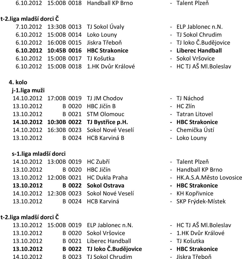 10.2012 B 0020 HBC Jičín B - HC Zlín 13.10.2012 B 0021 STM Olomouc - Tatran Litovel 14.10.2012 10:30 B 0022 TJ Bystřice p.h. - HBC Strakonice 14.10.2012 16:30 B 0023 Sokol Nové Veselí - Chemička Ústí 13.