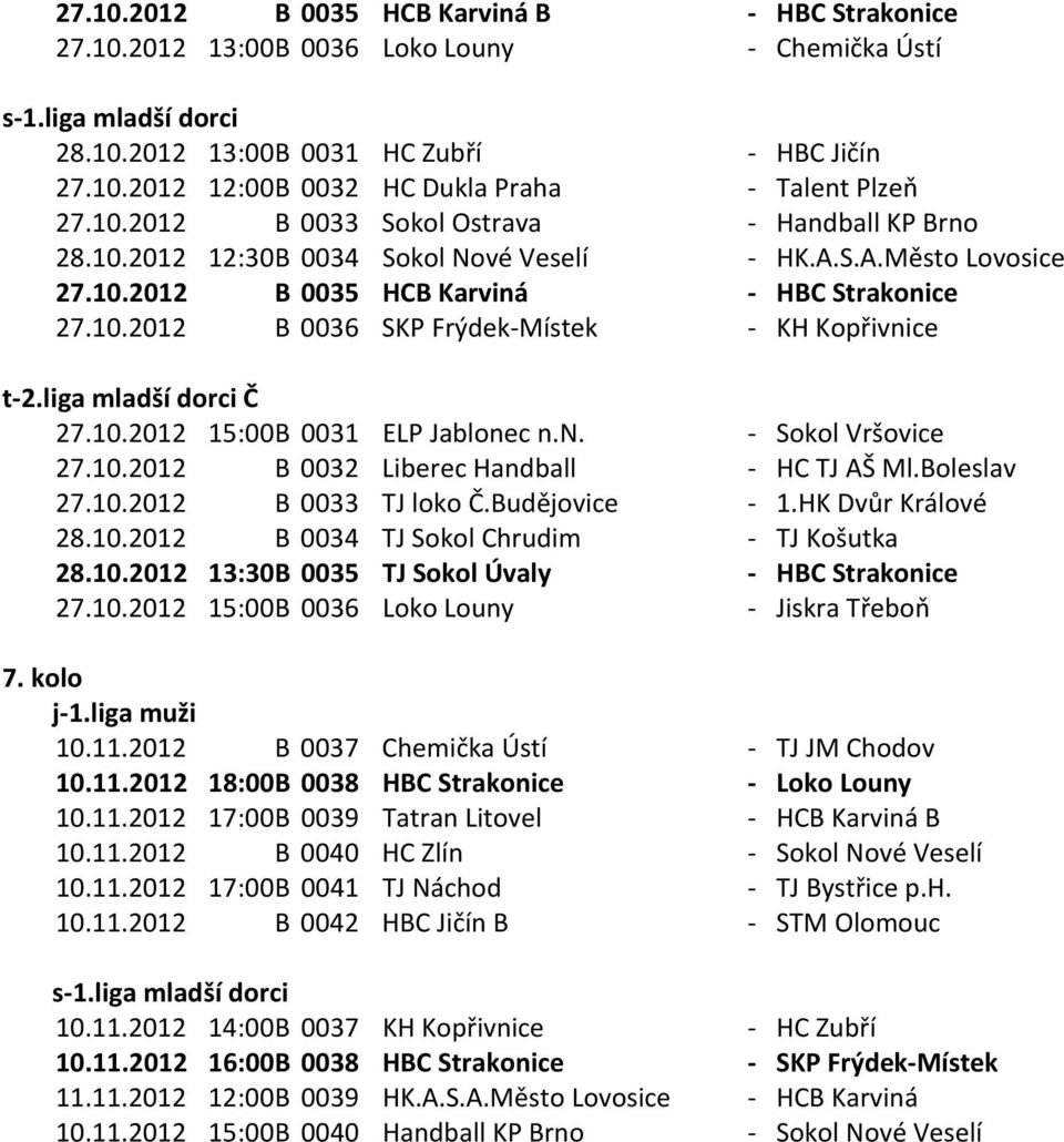10.2012 15:00 B 0031 ELP Jablonec n.n. - Sokol Vršovice 27.10.2012 B 0032 Liberec Handball - HC TJ AŠ Ml.Boleslav 27.10.2012 B 0033 TJ loko Č.Budějovice - 1.HK Dvůr Králové 28.10.2012 B 0034 TJ Sokol Chrudim - TJ Košutka 28.
