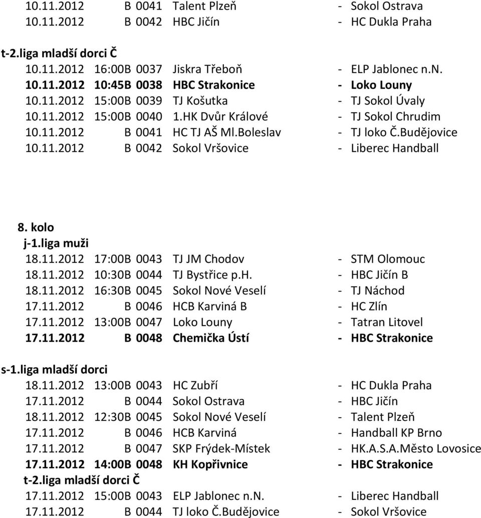 kolo 18.11.2012 17:00 B 0043 TJ JM Chodov - STM Olomouc 18.11.2012 10:30 B 0044 TJ Bystřice p.h. - HBC Jičín B 18.11.2012 16:30 B 0045 Sokol Nové Veselí - TJ Náchod 17.11.2012 B 0046 HCB Karviná B - HC Zlín 17.