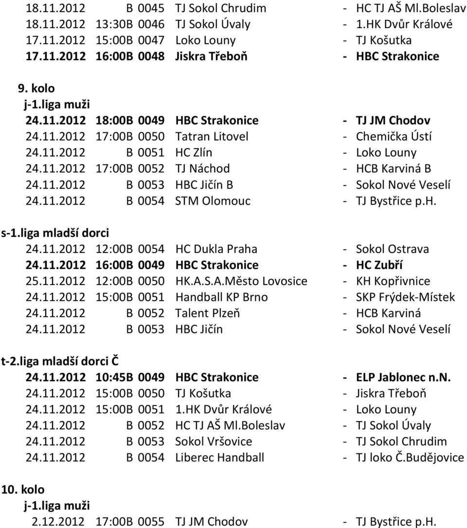 11.2012 B 0053 HBC Jičín B - Sokol Nové Veselí 24.11.2012 B 0054 STM Olomouc - TJ Bystřice p.h. 24.11.2012 12:00 B 0054 HC Dukla Praha - Sokol Ostrava 24.11.2012 16:00 B 0049 HBC Strakonice - HC Zubří 25.