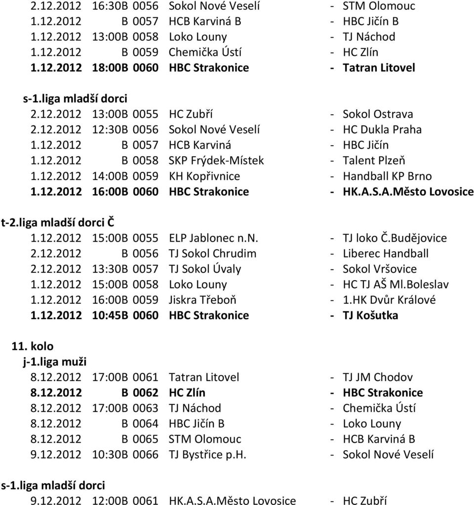 12.2012 16:00 B 0060 HBC Strakonice - HK.A.S.A.Město Lovosice 1.12.2012 15:00 B 0055 ELP Jablonec n.n. - TJ loko Č.Budějovice 2.12.2012 B 0056 TJ Sokol Chrudim - Liberec Handball 2.12.2012 13:30 B 0057 TJ Sokol Úvaly - Sokol Vršovice 1.