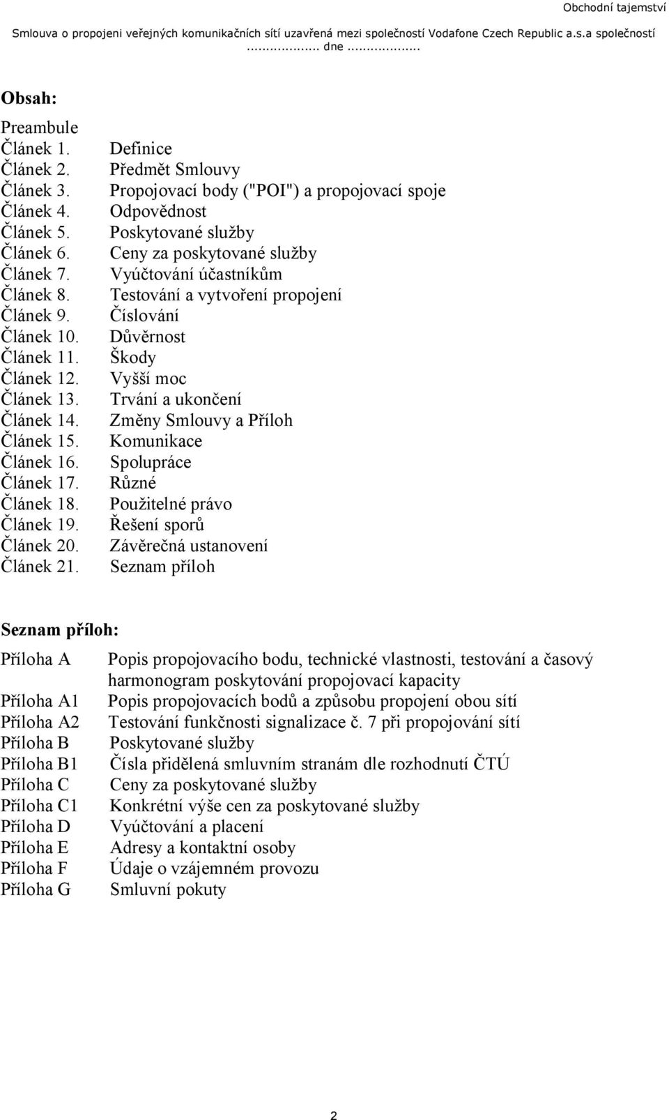 Definice Předmět Smlouvy Propojovací body ("POI") a propojovací spoje Odpovědnost Poskytované služby Ceny za poskytované služby Vyúčtování účastníkům Testování a vytvoření propojení Číslování