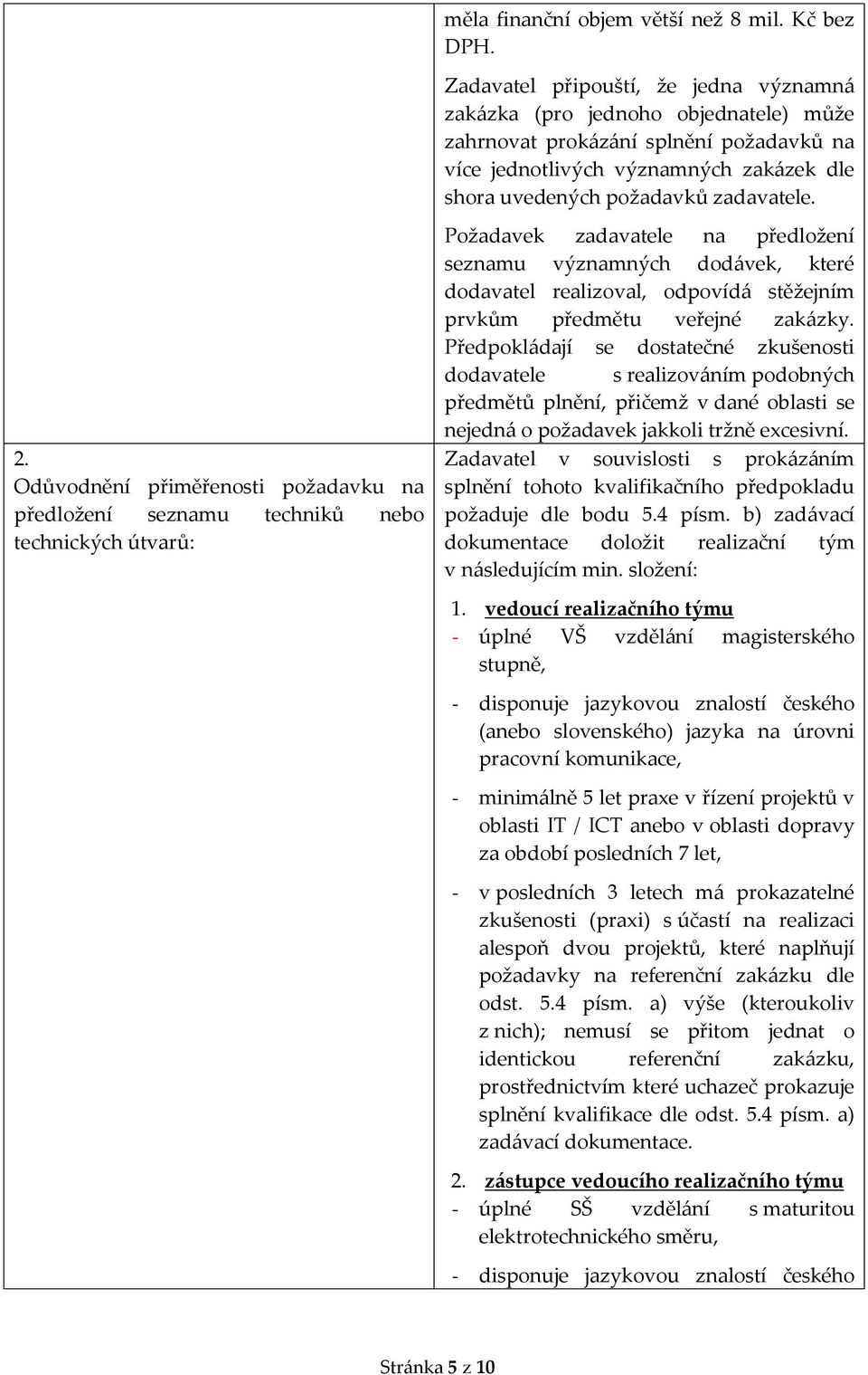 Odůvodnění přiměřenosti požadavku na předložení seznamu techniků nebo technických útvarů: Požadavek zadavatele na předložení seznamu významných dodávek, které dodavatel realizoval, odpovídá stěžejním