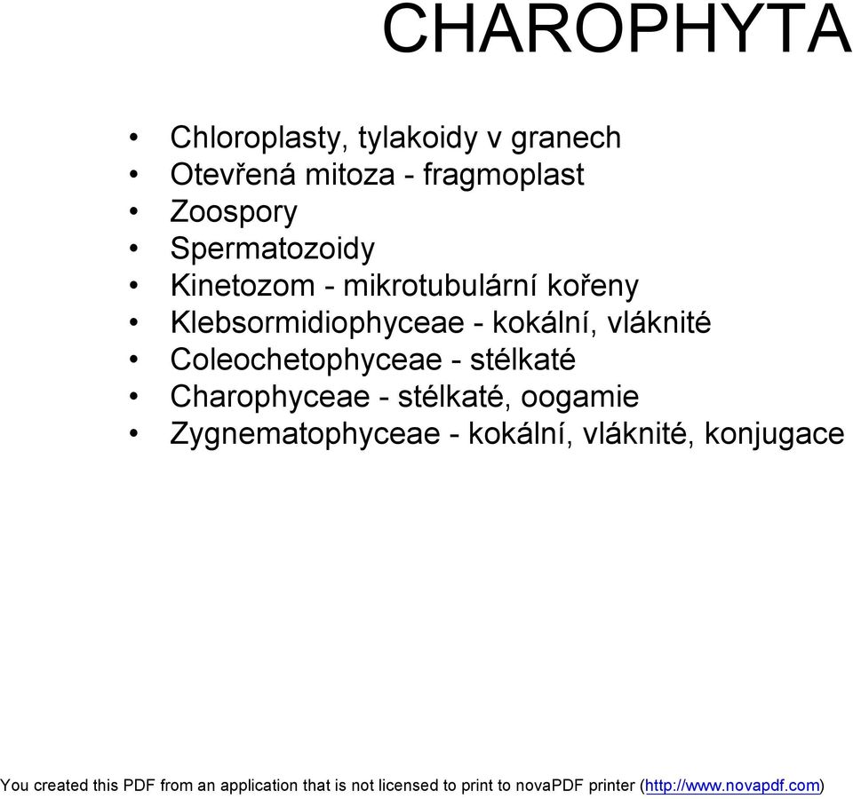 Klebsormidiophyceae - kokální, vláknité Coleochetophyceae - stélkaté