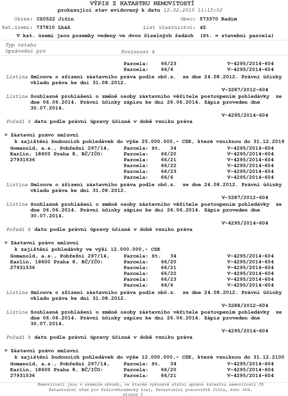 Právní účinky V-3287/2012-604 Listina Suhlasné prhlášení změně sby zástavníh věřitele pstupením phledávky ze dne 06.06.2014.