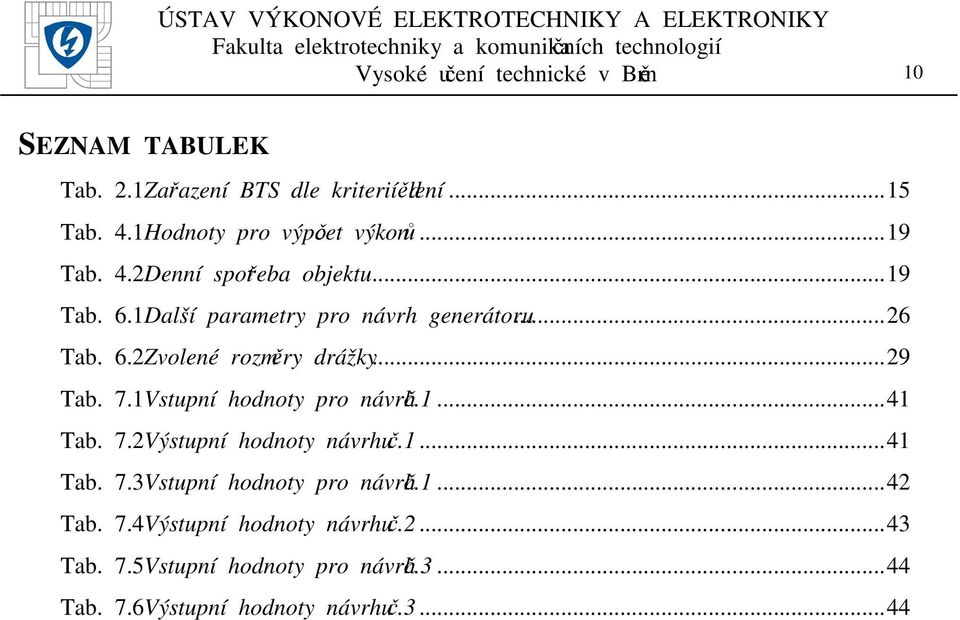 ..9 Tab. 7.1 Vstupní hodnoty pro návrh č.1...41 Tab. 7. Výstupní hodnoty návrhu č.1...41 Tab. 7.3 Vstupní hodnoty pro návrh č.1...4 Tab.