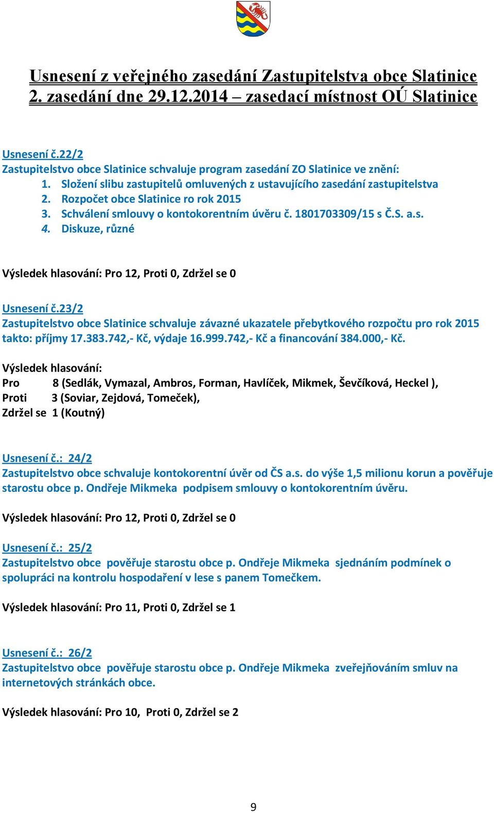 Rozpočet obce Slatinice ro rok 2015 3. Schválení smlouvy o kontokorentním úvěru č. 1801703309/15 s Č.S. a.s. 4. Diskuze, různé Usnesení č.