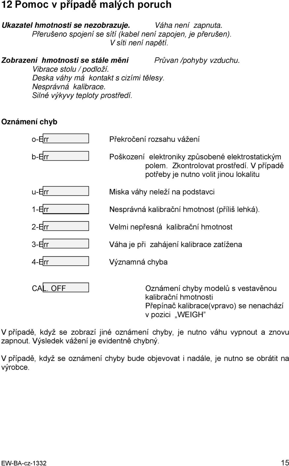 Oznámení chyb o-err b-err u-err 1-Err 2-Err 3-Err 4-Err Překročení rozsahu vážení Poškození elektroniky způsobené elektrostatickým polem. Zkontrolovat prostředí.