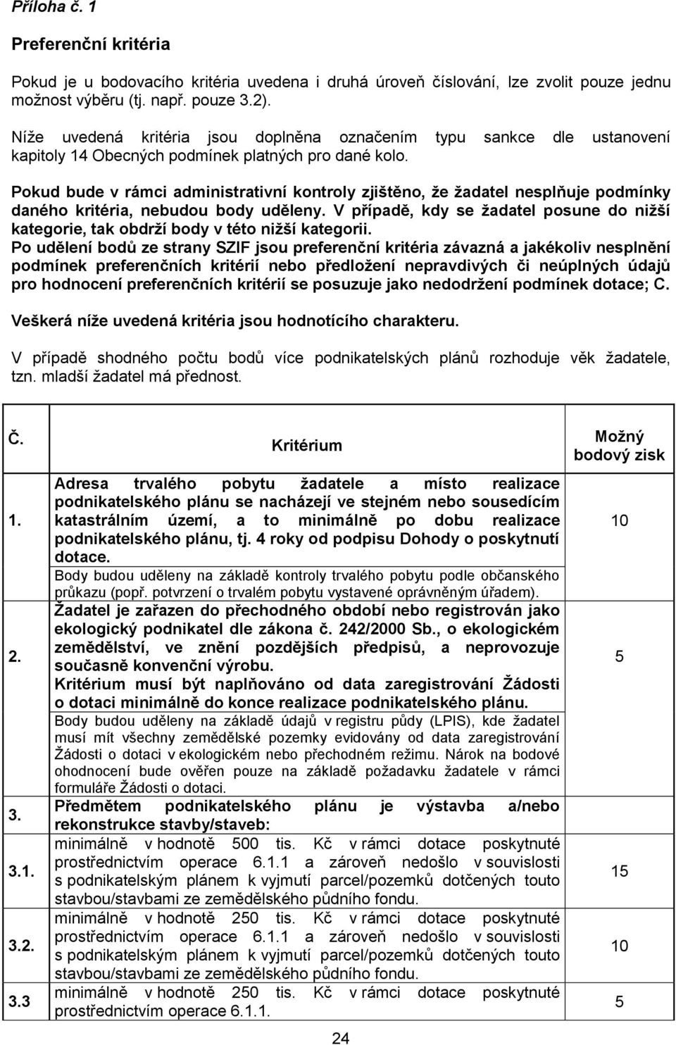 Pokud bude v rámci administrativní kontroly zjištěno, že žadatel nesplňuje podmínky daného kritéria, nebudou body uděleny.