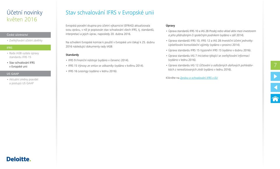 standardu 15 a postupů Na schválení Evropské komise k použití čekají k 25. dubnu 2016 následující dokumenty rady IASB: Standardy 9 Finanční nástroje (vydáno v červenci 2014).